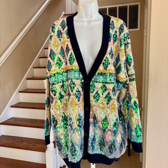 NWT Maeve Anthropologie Sequin Patterned Oversized Cardigan Sweater XL New $228 - Picture 2 of 5